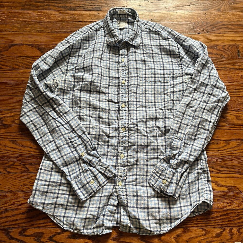 J Crew Shirt 100% Linen Long Sleeve Button Down Plaid Blue Mens Large Slim Fit